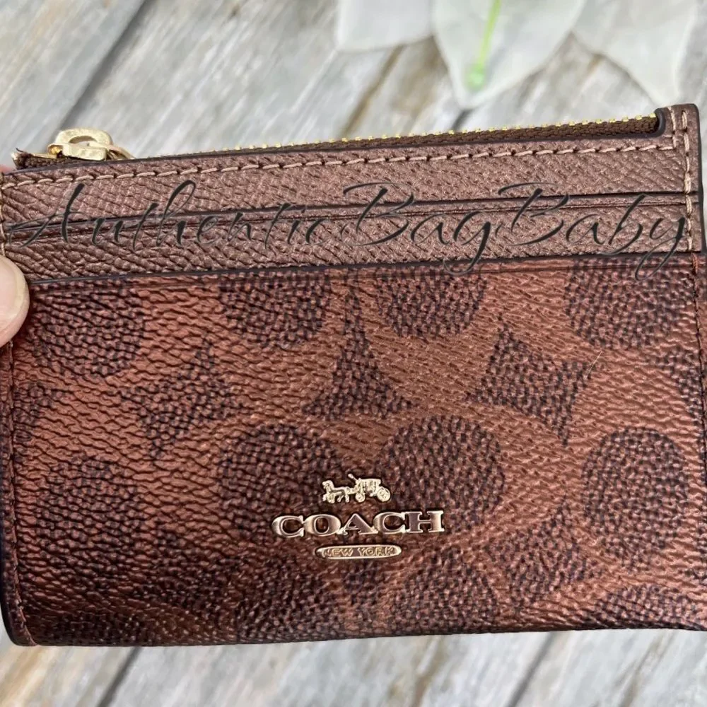 Coach Mini Skinny Keychain Id Case In Signature Canvas & Copper Metallic Wallet